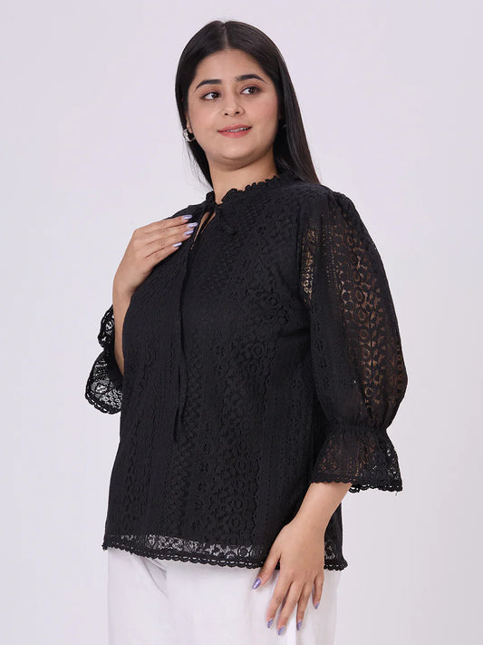 Women’s Elegant Black Lace Top with Round Neck Design