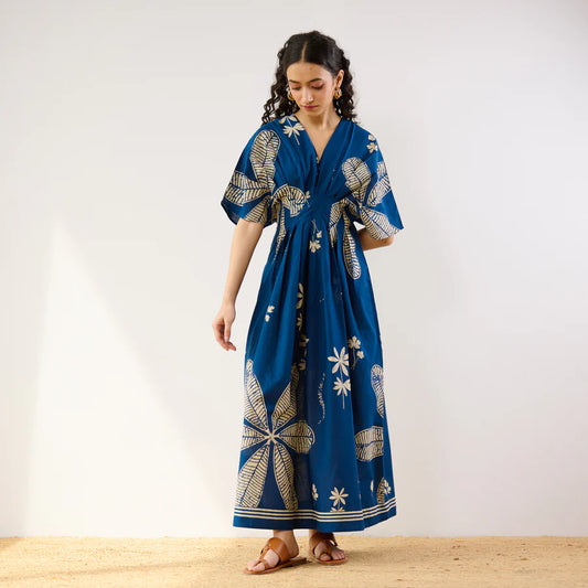 Comfortable Periwinkle Pleated Cotton Maxi Dress for Everyday Wear