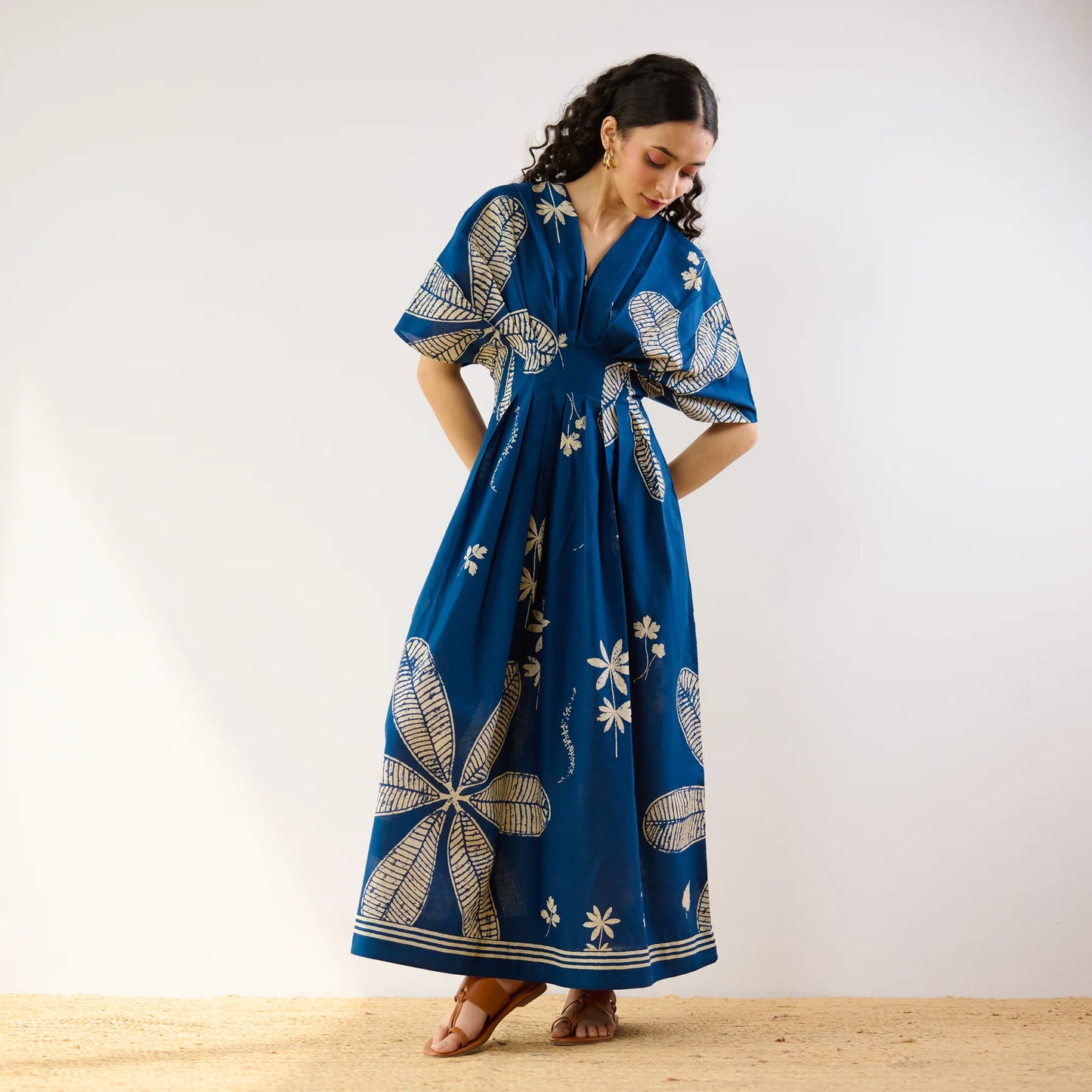 Comfortable Periwinkle Pleated Cotton Maxi Dress for Everyday Wear