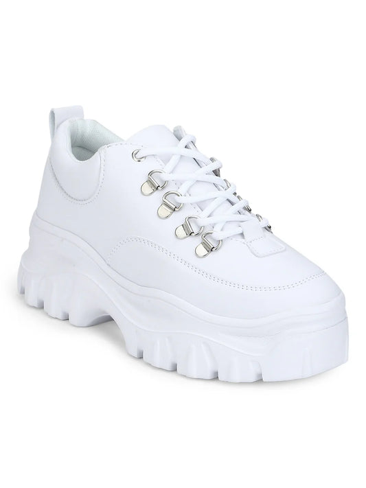 Lightweight White PU Sneakers with Gold Finish for Everyday Wear