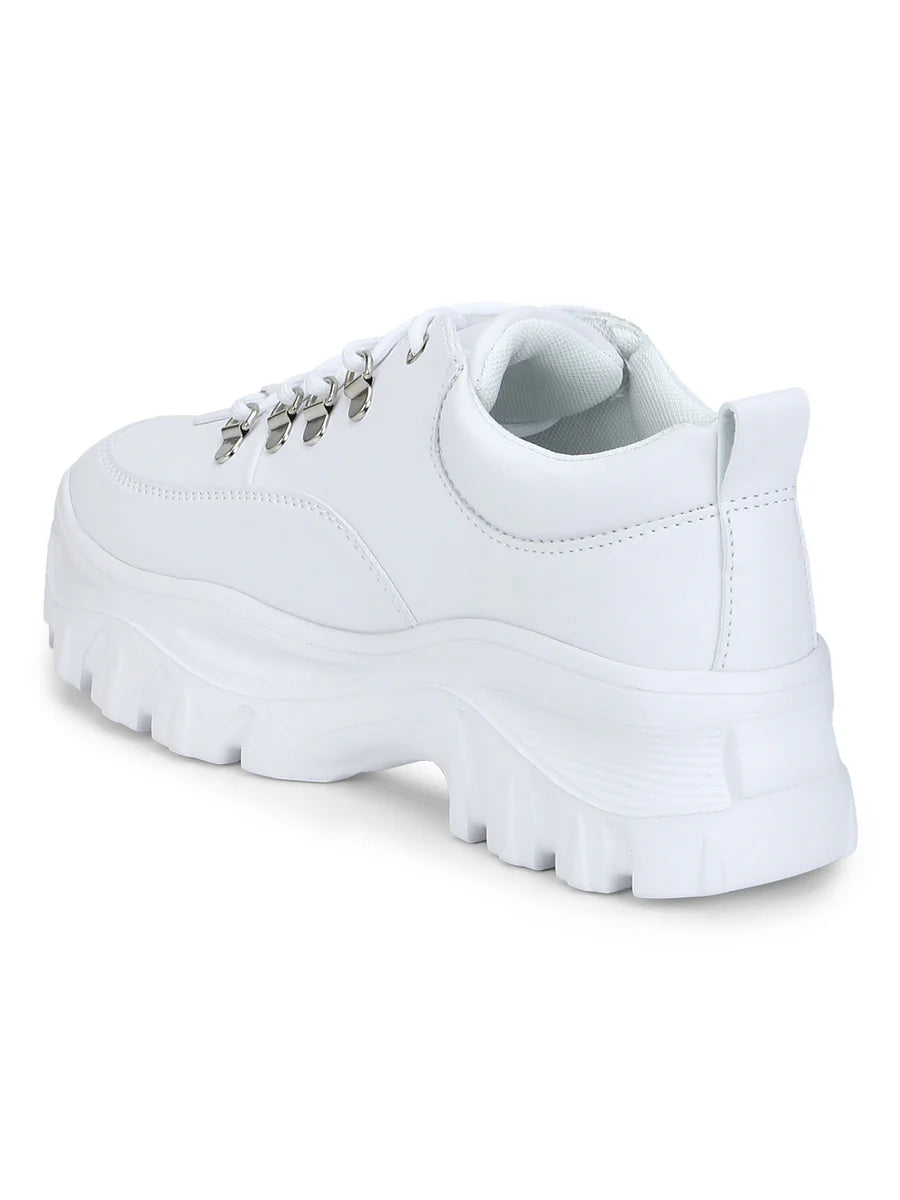 Lightweight White PU Sneakers with Gold Finish for Everyday Wear