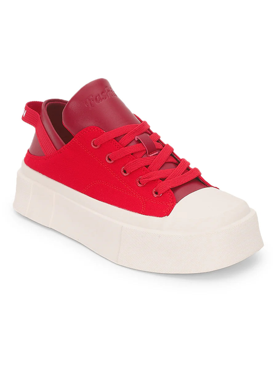 Streetwear Style Red Lace-Up Sneakers with Canvas Upper for Women