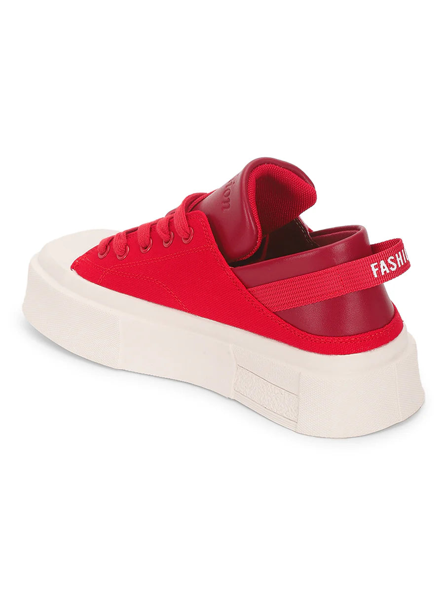 Streetwear Style Red Lace-Up Sneakers with Canvas Upper for Women