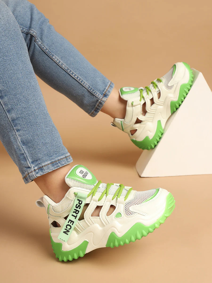 Everyday Casual Women’s Sneakers in White and Green with Chunky Sole