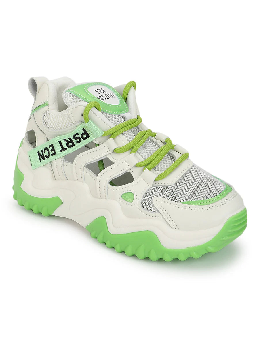 Everyday Casual Women’s Sneakers in White and Green with Chunky Sole