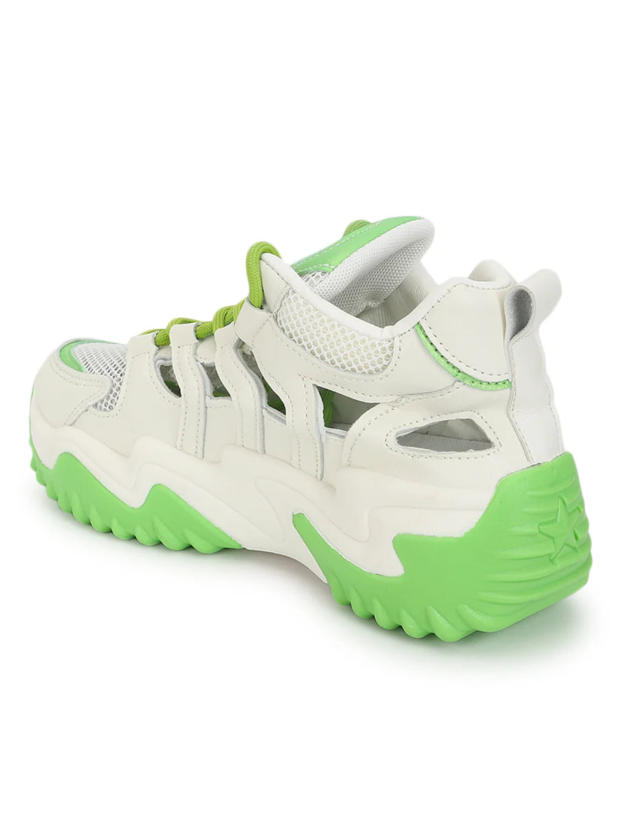 Everyday Casual Women’s Sneakers in White and Green with Chunky Sole