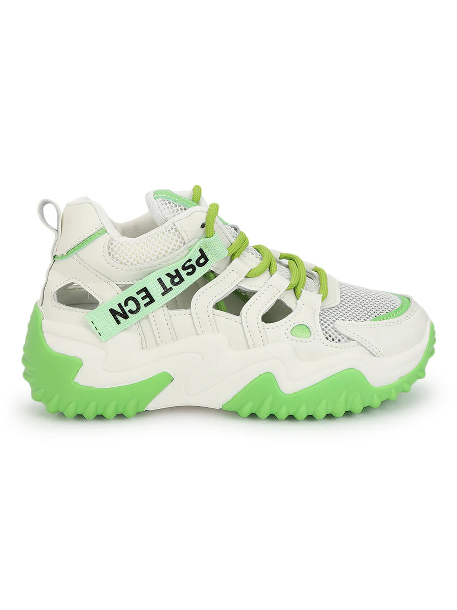 Everyday Casual Women’s Sneakers in White and Green with Chunky Sole