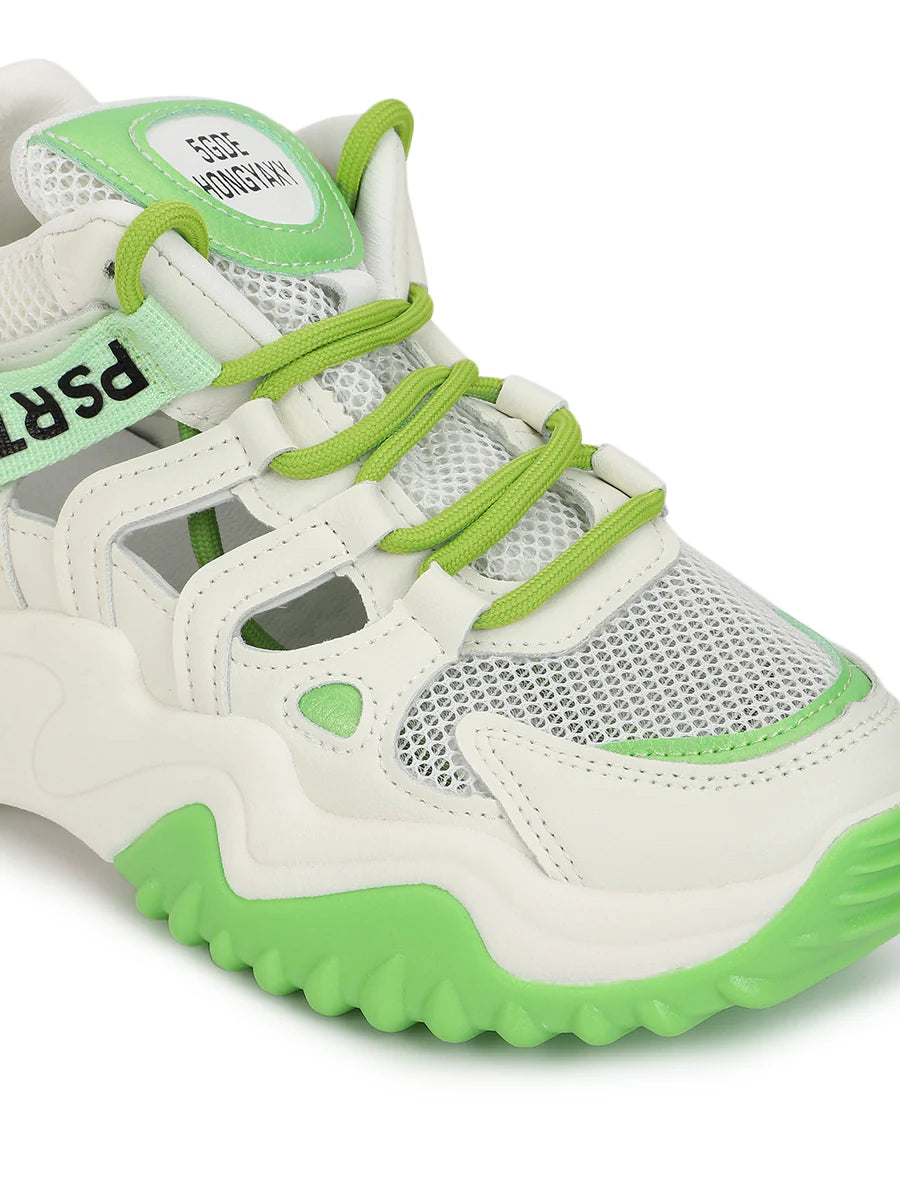 Everyday Casual Women’s Sneakers in White and Green with Chunky Sole