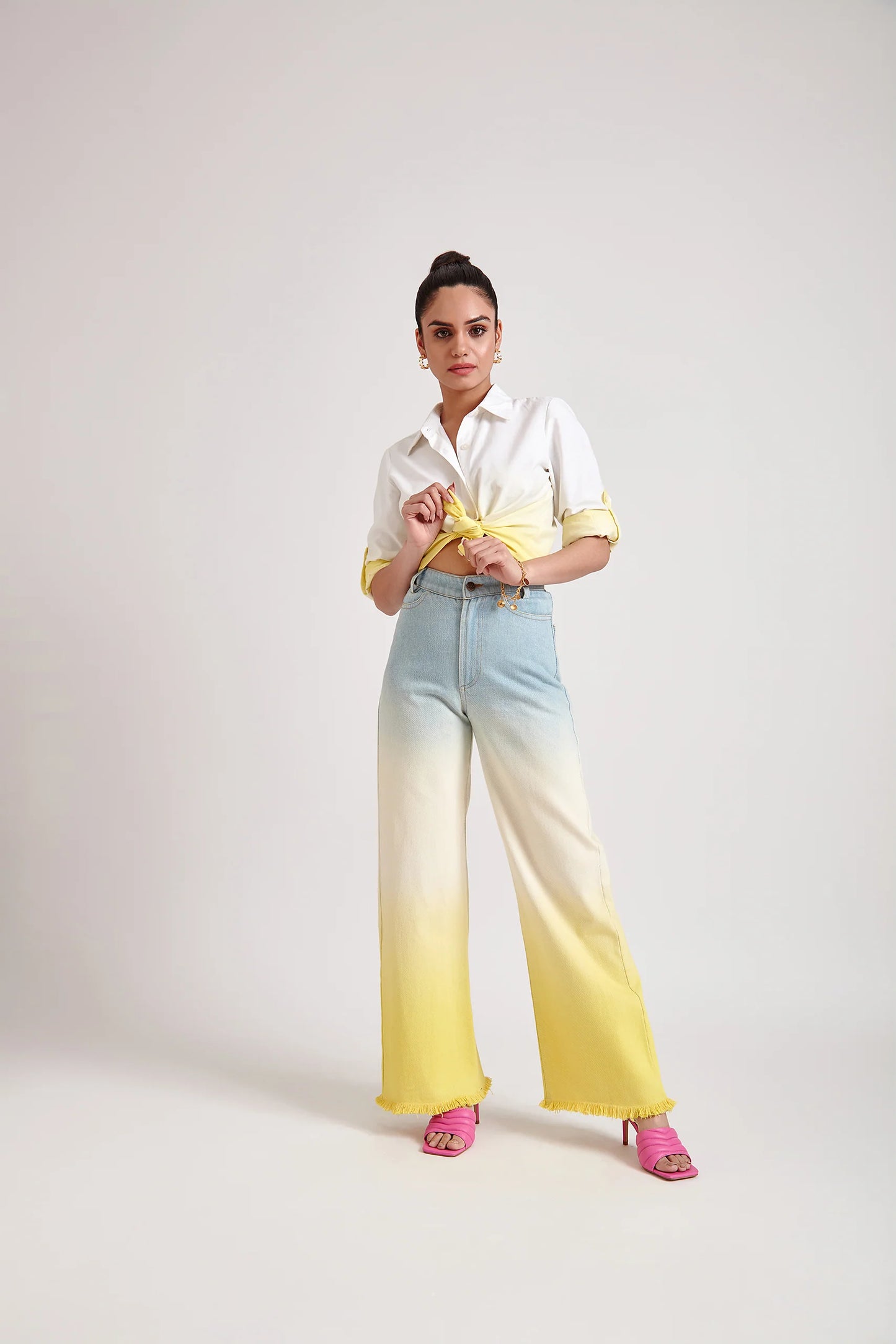 Fashionable Yellow Ombre Wide Leg or Straight Jeans in Two-Tone Design