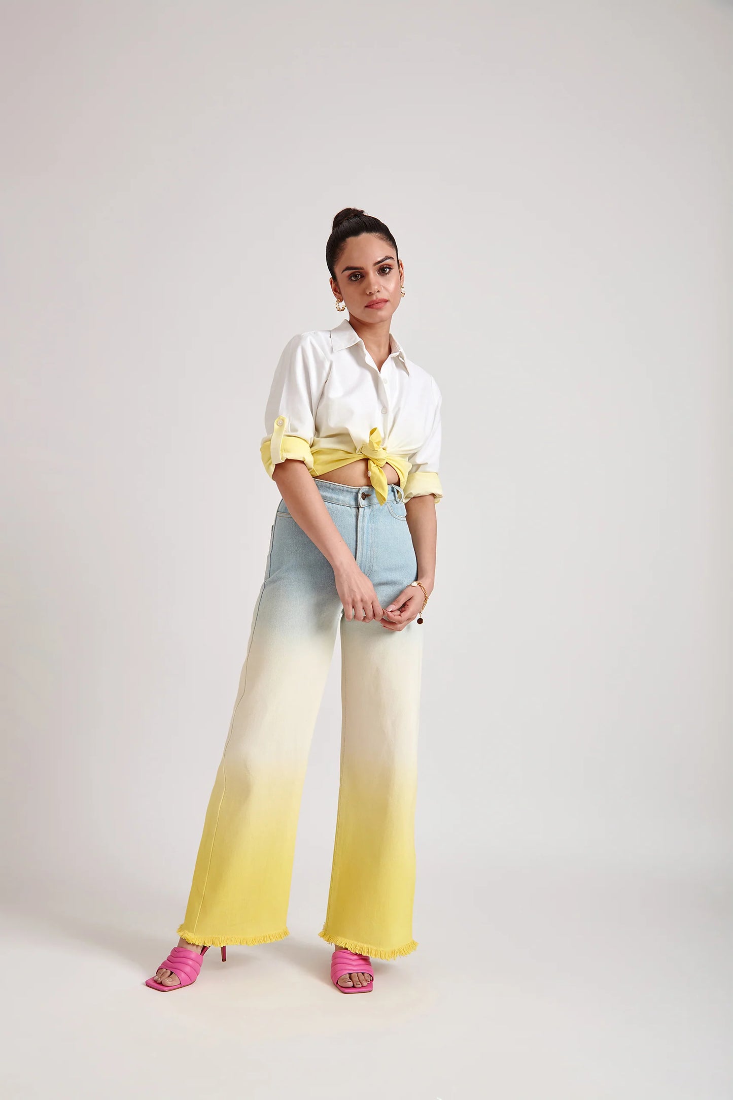 Fashionable Yellow Ombre Wide Leg or Straight Jeans in Two-Tone Design