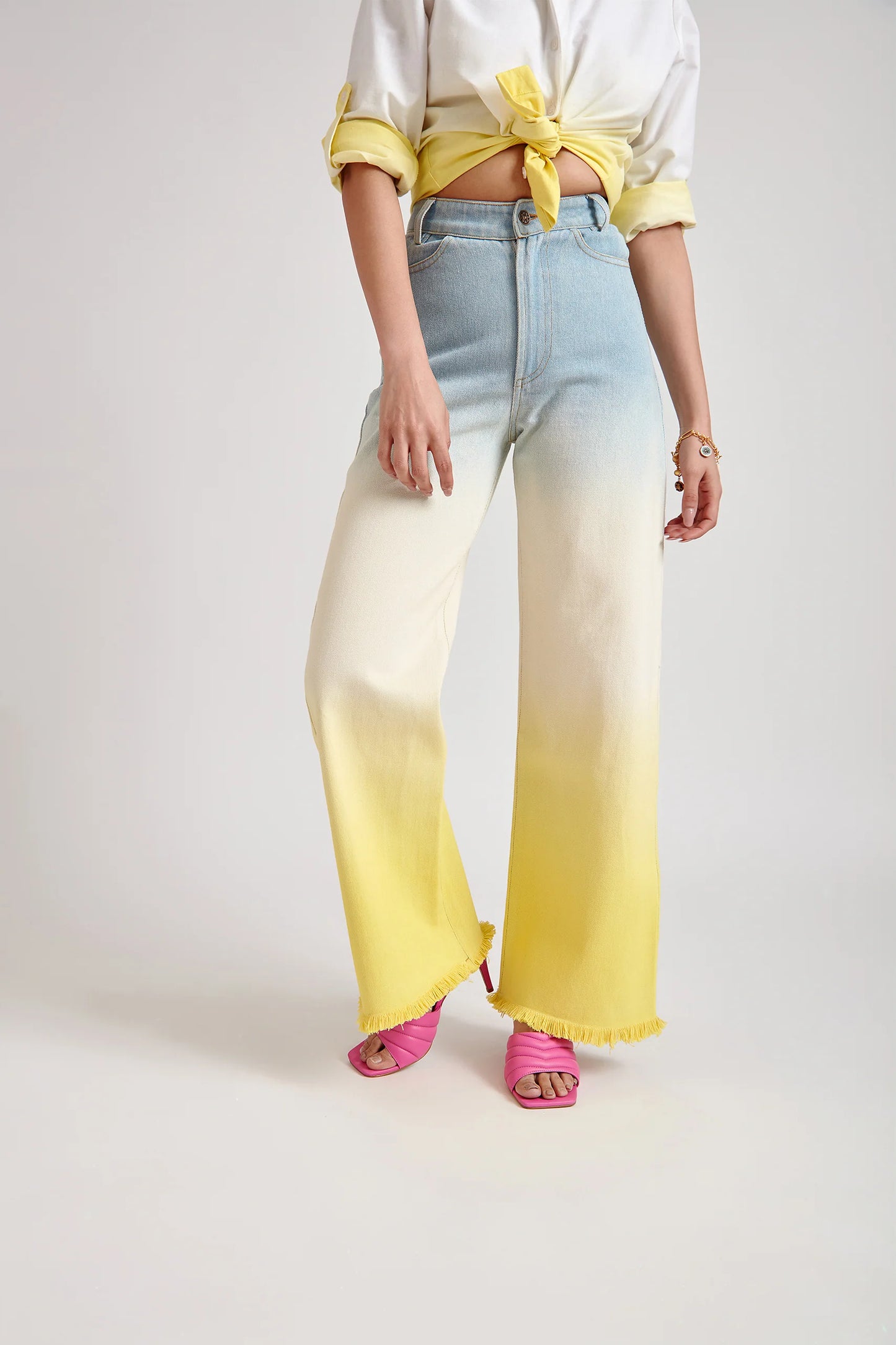 Fashionable Yellow Ombre Wide Leg or Straight Jeans in Two-Tone Design