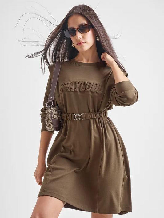 Trendy Brown Solid Dress with Flared Skirt and Flattering Fit for Modern Looks