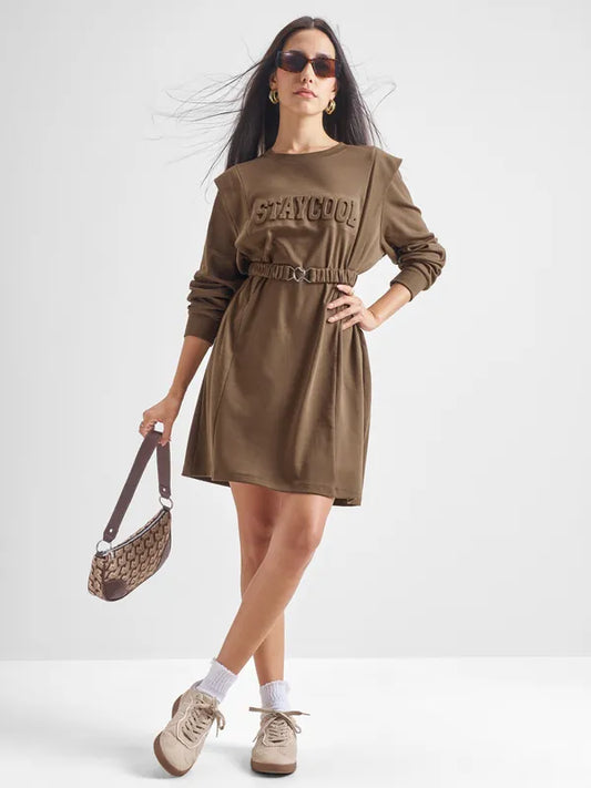 Trendy Brown Solid Dress with Flared Skirt and Flattering Fit for Modern Looks