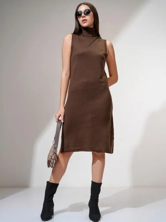 Fashionable Brown Solid Bodycon Dress with Knee-Length or Mini Hem for Parties