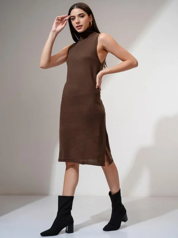 Fashionable Brown Solid Bodycon Dress with Knee-Length or Mini Hem for Parties