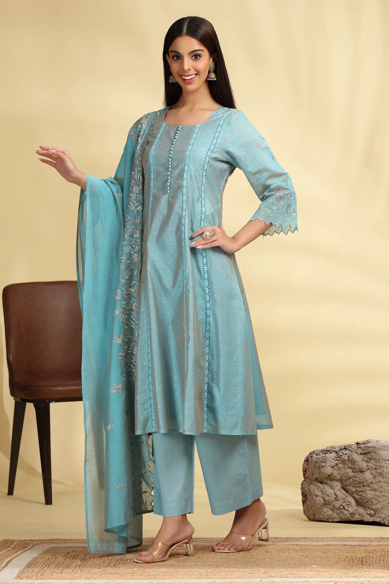 Women’s Turquoise Chanderi Kalidar Kurta Palazzo and Dupatta Suit Set with Elegant Embroidery