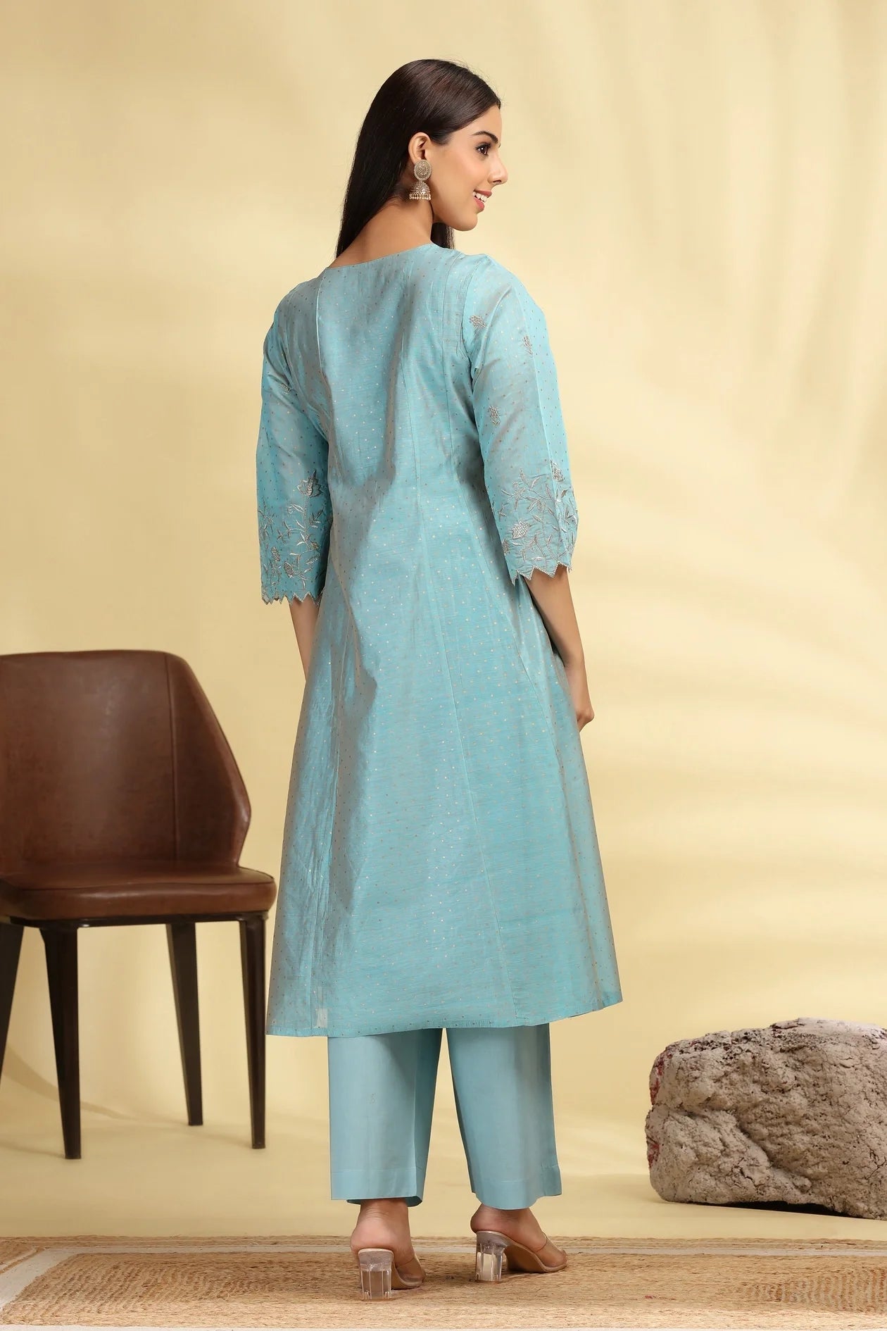 Women’s Turquoise Chanderi Kalidar Kurta Palazzo and Dupatta Suit Set with Elegant Embroidery