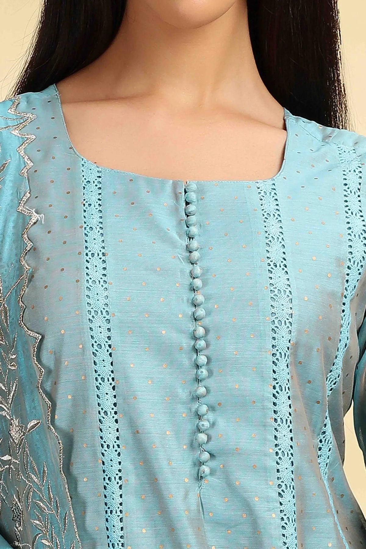 Women’s Turquoise Chanderi Kalidar Kurta Palazzo and Dupatta Suit Set with Elegant Embroidery