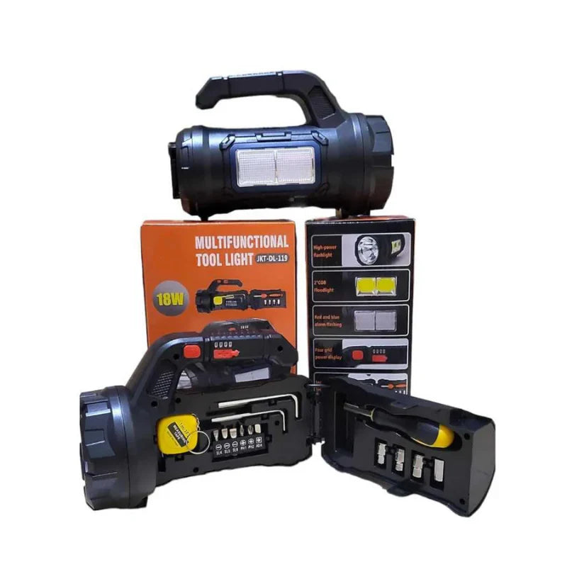 Multifunctional 5-in-1 LED Flashlight with Built-in Tool Box Kit USB Rechargeable Torch with Emergency SOS for Home and Vehicle