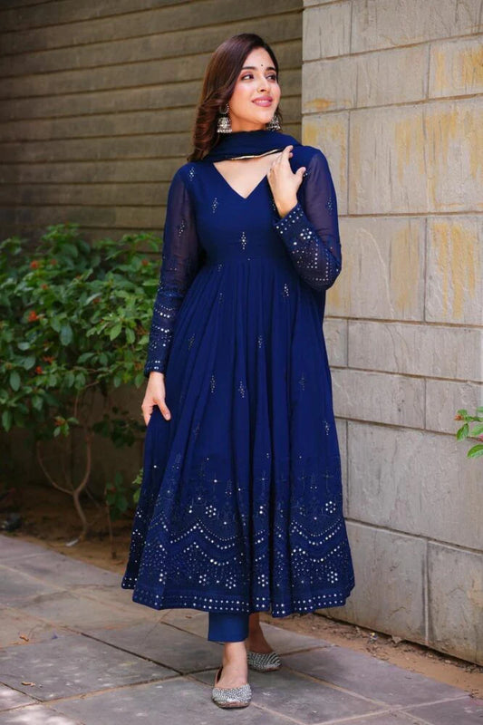 Lightweight and Stylish Blue Anarkali Gown for Women with Glimmering Sequin and Thread Work