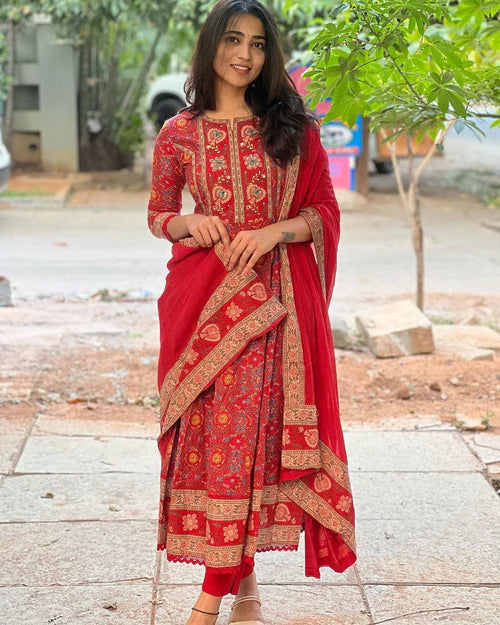 Trendy Red Maroon Anarkali Suit Set for Women Featuring Voluminous Silhouette