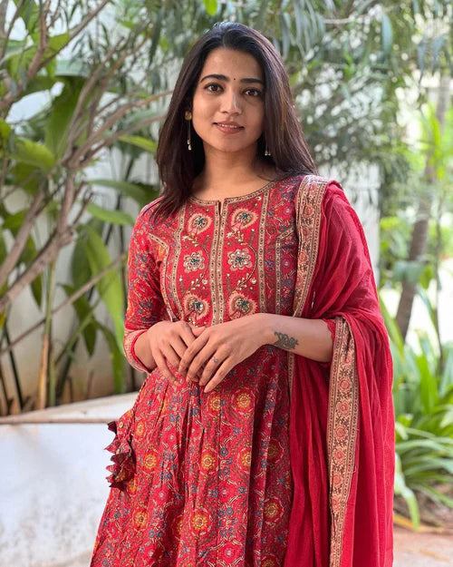 Trendy Red Maroon Anarkali Suit Set for Women Featuring Voluminous Silhouette