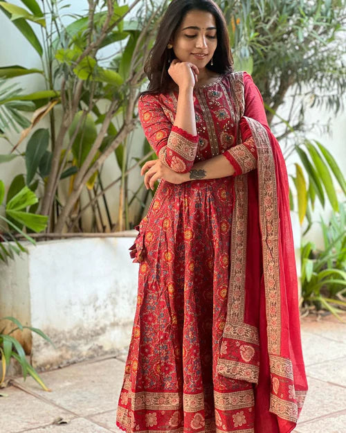 Trendy Red Maroon Anarkali Suit Set for Women Featuring Voluminous Silhouette