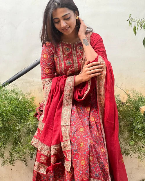 Trendy Red Maroon Anarkali Suit Set for Women Featuring Voluminous Silhouette