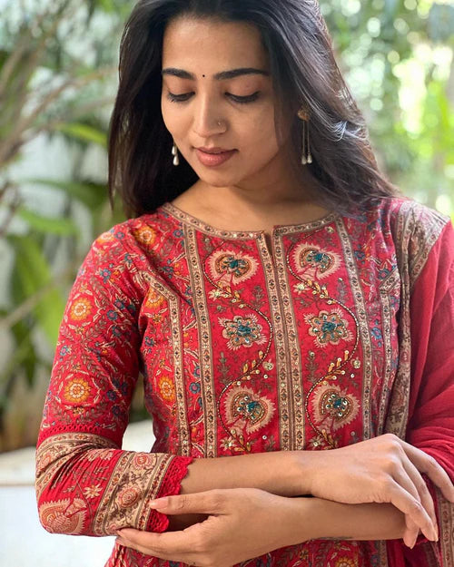 Trendy Red Maroon Anarkali Suit Set for Women Featuring Voluminous Silhouette