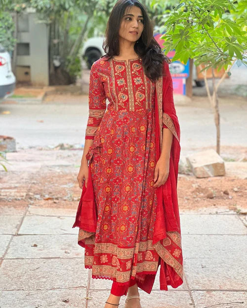Trendy Red Maroon Anarkali Suit Set for Women Featuring Voluminous Silhouette