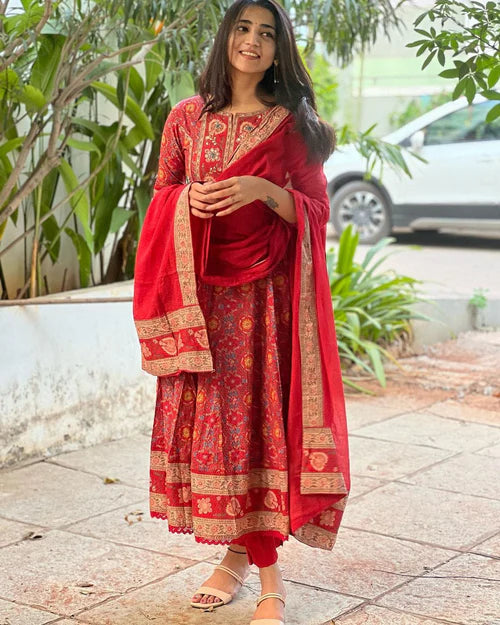 Trendy Red Maroon Anarkali Suit Set for Women Featuring Voluminous Silhouette