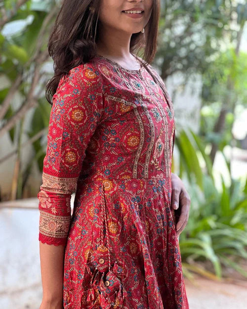 Trendy Red Maroon Anarkali Suit Set for Women Featuring Voluminous Silhouette