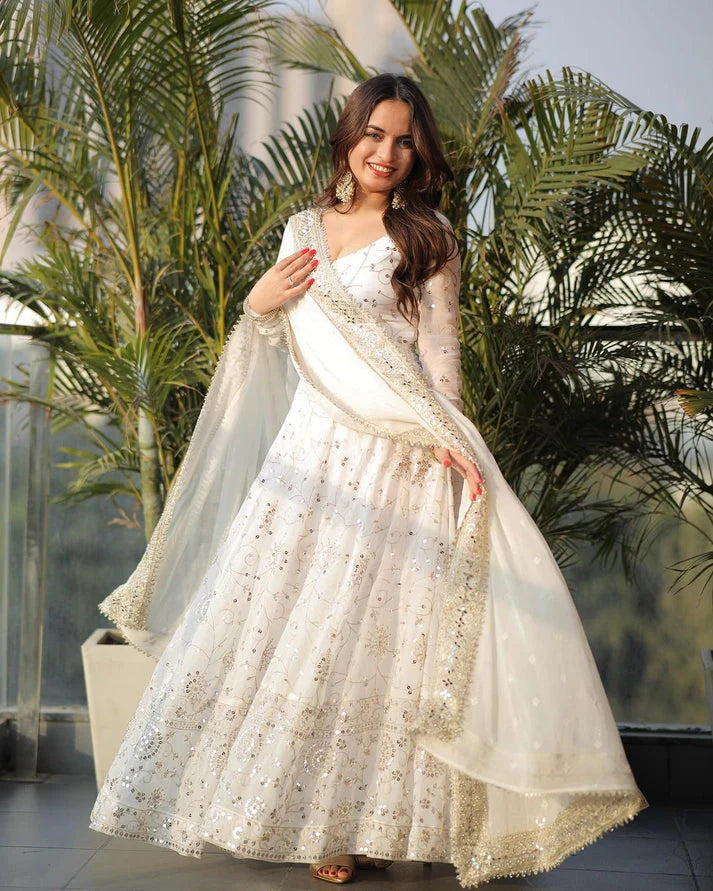 Trendy Full Heavy Work White Georgette Anarkali Gown for Women for Special Occasions