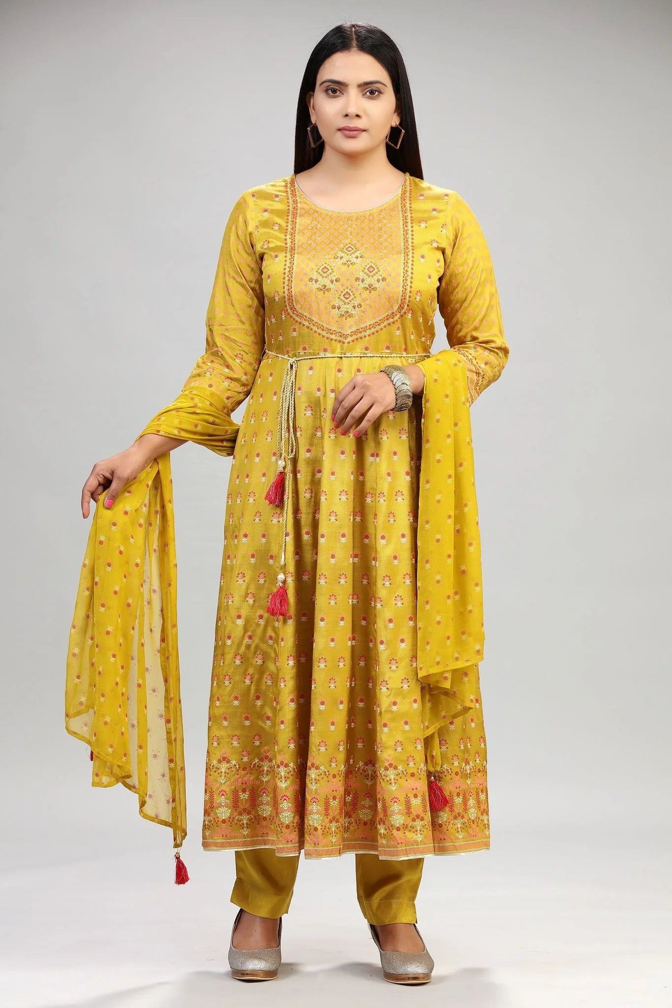 Stylish Mustard Embroidered Anarkali Kurta Pant Suit Set for Women in Premium Santoon Material