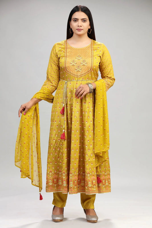 Stylish Mustard Embroidered Anarkali Kurta Pant Suit Set for Women in Premium Santoon Material