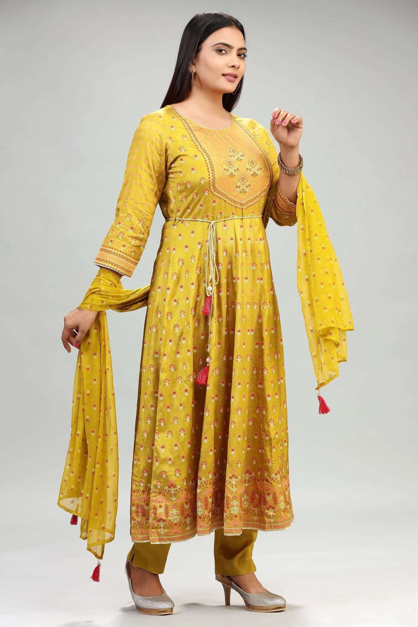 Stylish Mustard Embroidered Anarkali Kurta Pant Suit Set for Women in Premium Santoon Material