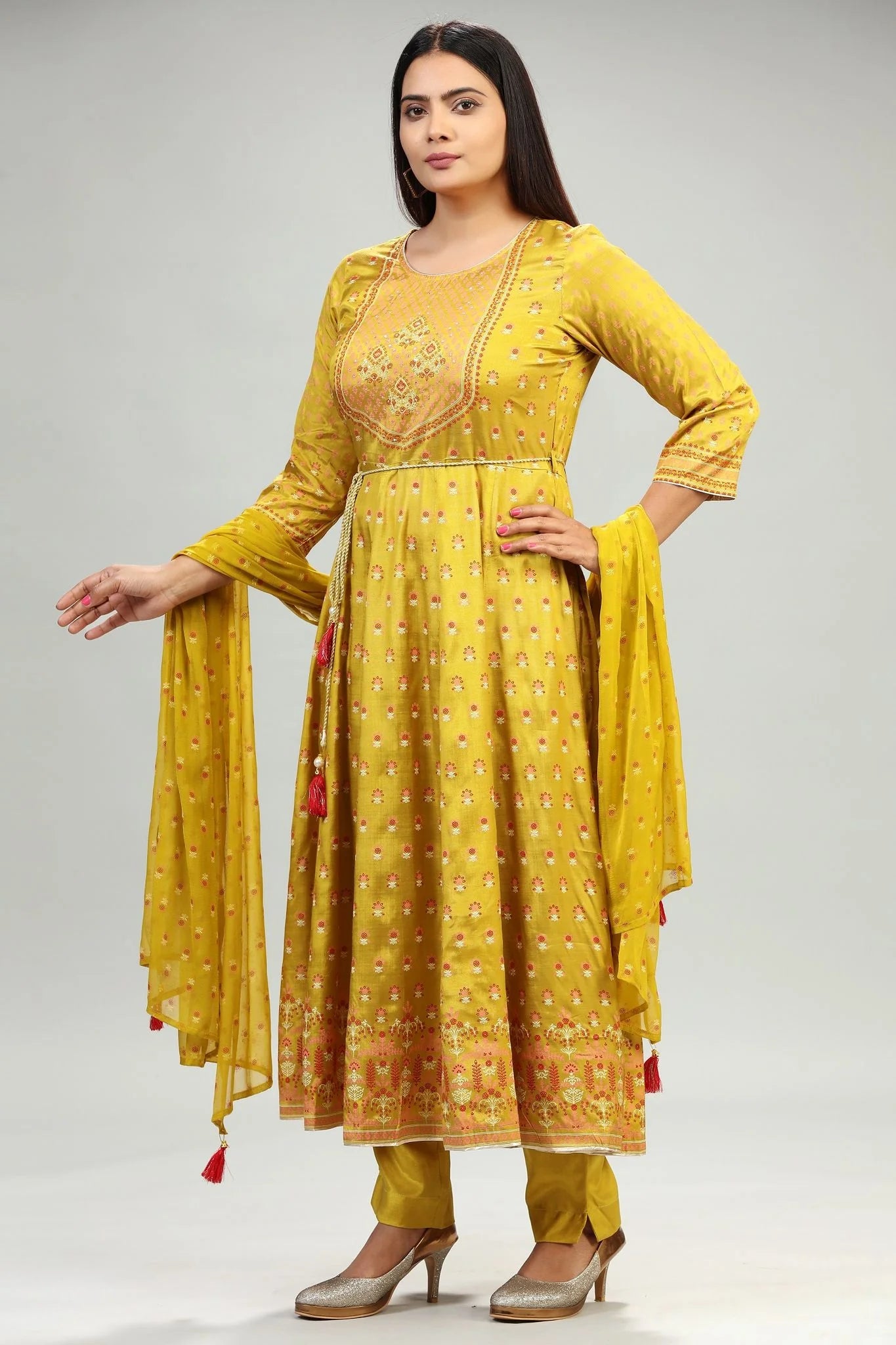 Stylish Mustard Embroidered Anarkali Kurta Pant Suit Set for Women in Premium Santoon Material