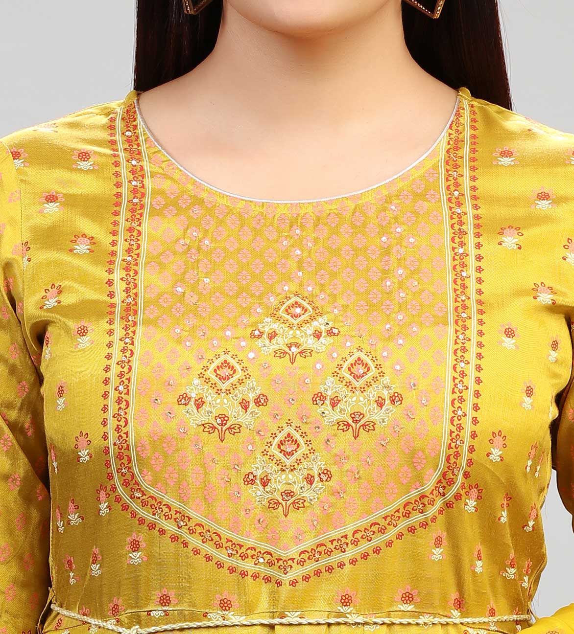 Stylish Mustard Embroidered Anarkali Kurta Pant Suit Set for Women in Premium Santoon Material
