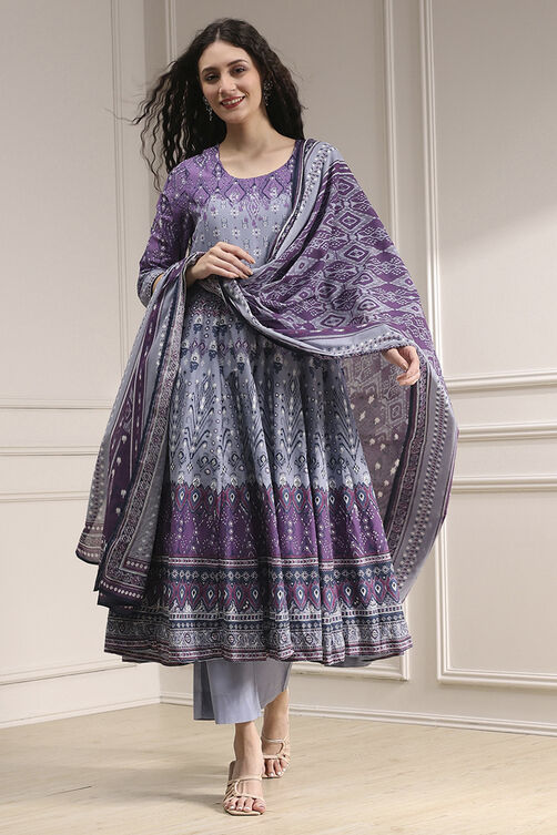 Elegant Lilac Cotton Printed Anarkali Suit Set for Women for Party and Ethnic Wear