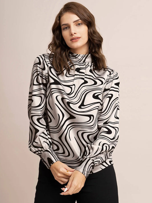 Beige and Black Satin Abstract Pattern Top for Women with Elegant Look
