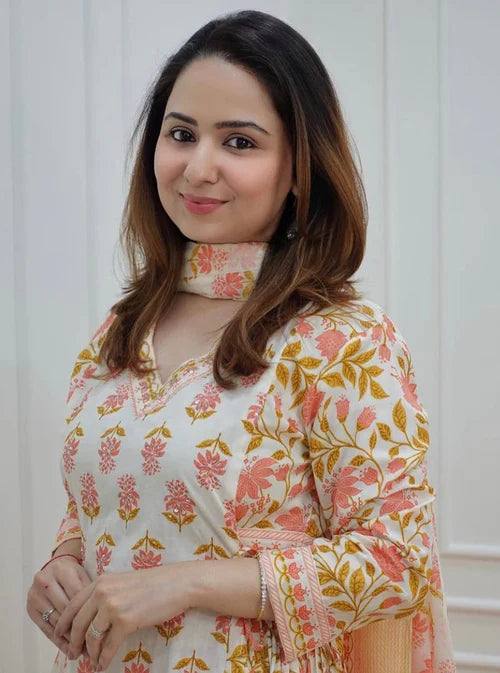 Modern Women’s Orange Afghani Kurti Pant and Dupatta Set with Lightweight Cotton Fabric