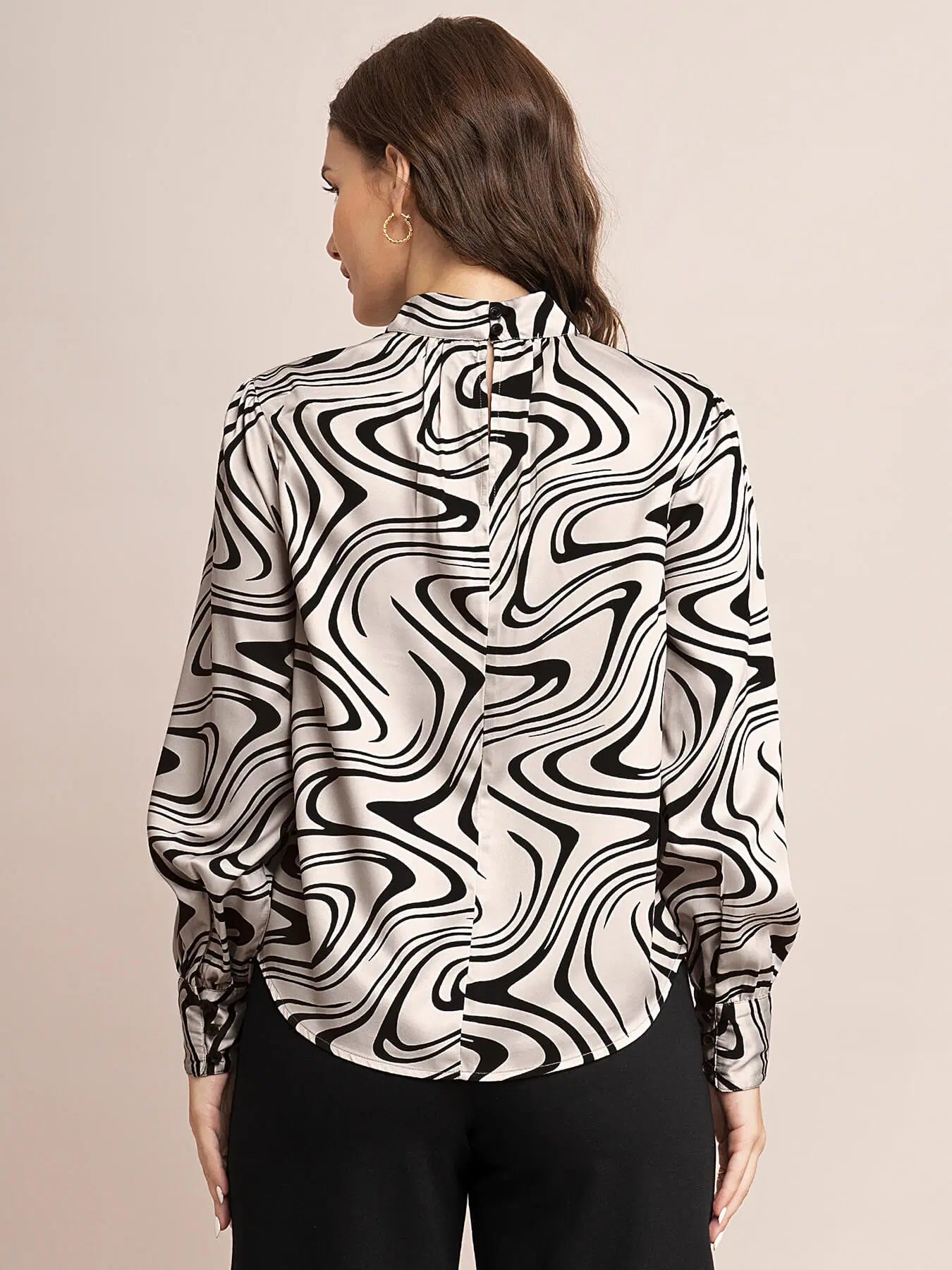 Beige and Black Satin Abstract Pattern Top for Women with Elegant Look