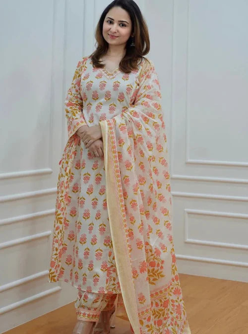 Modern Women’s Orange Afghani Kurti Pant and Dupatta Set with Lightweight Cotton Fabric