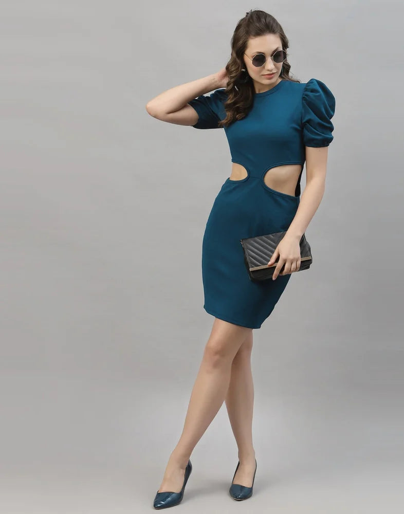 Modern Teal Rama Bodycon Dress Puff Sleeve Sleek Fit Comfortable Trendy Outfit Perfect for Evening Parties