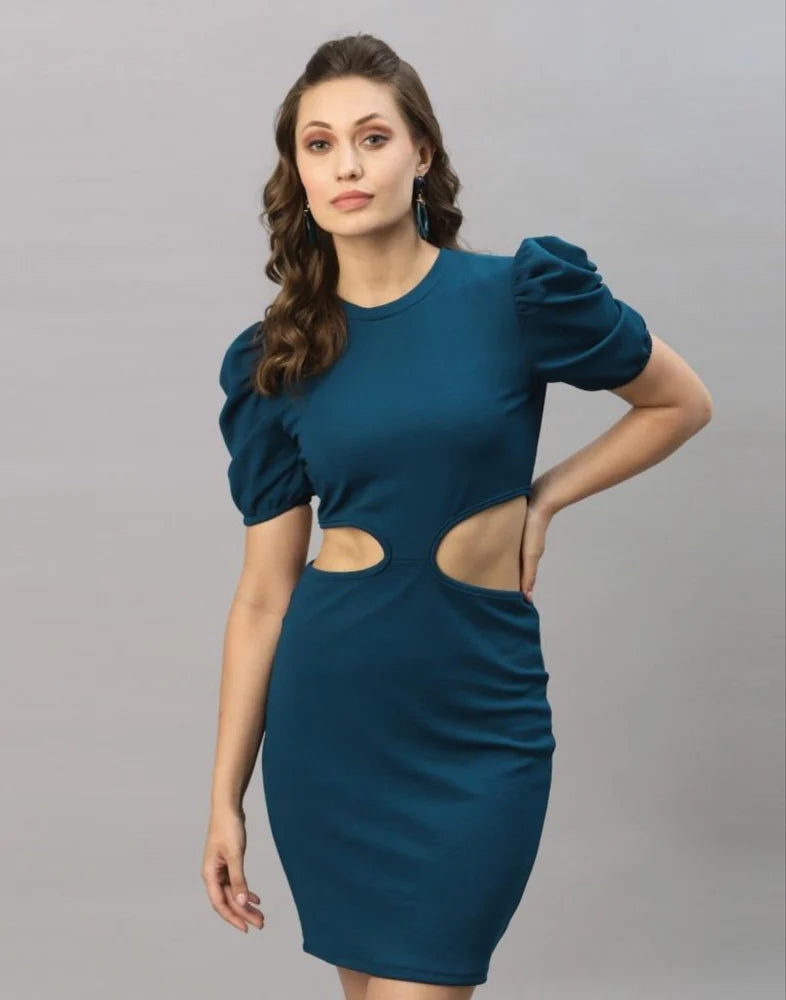 Modern Teal Rama Bodycon Dress Puff Sleeve Sleek Fit Comfortable Trendy Outfit Perfect for Evening Parties