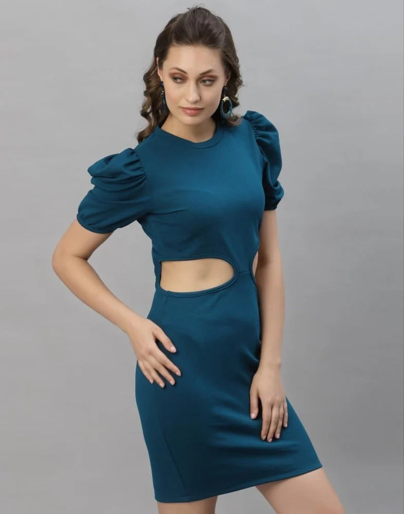 Modern Teal Rama Bodycon Dress Puff Sleeve Sleek Fit Comfortable Trendy Outfit Perfect for Evening Parties