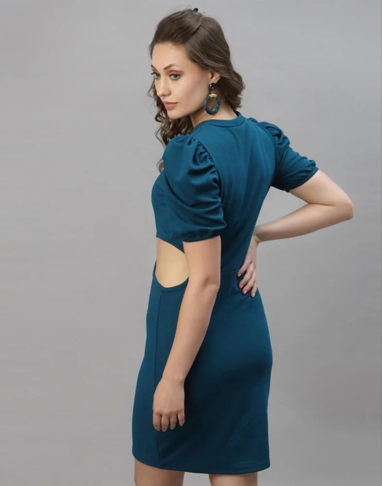 Modern Teal Rama Bodycon Dress Puff Sleeve Sleek Fit Comfortable Trendy Outfit Perfect for Evening Parties