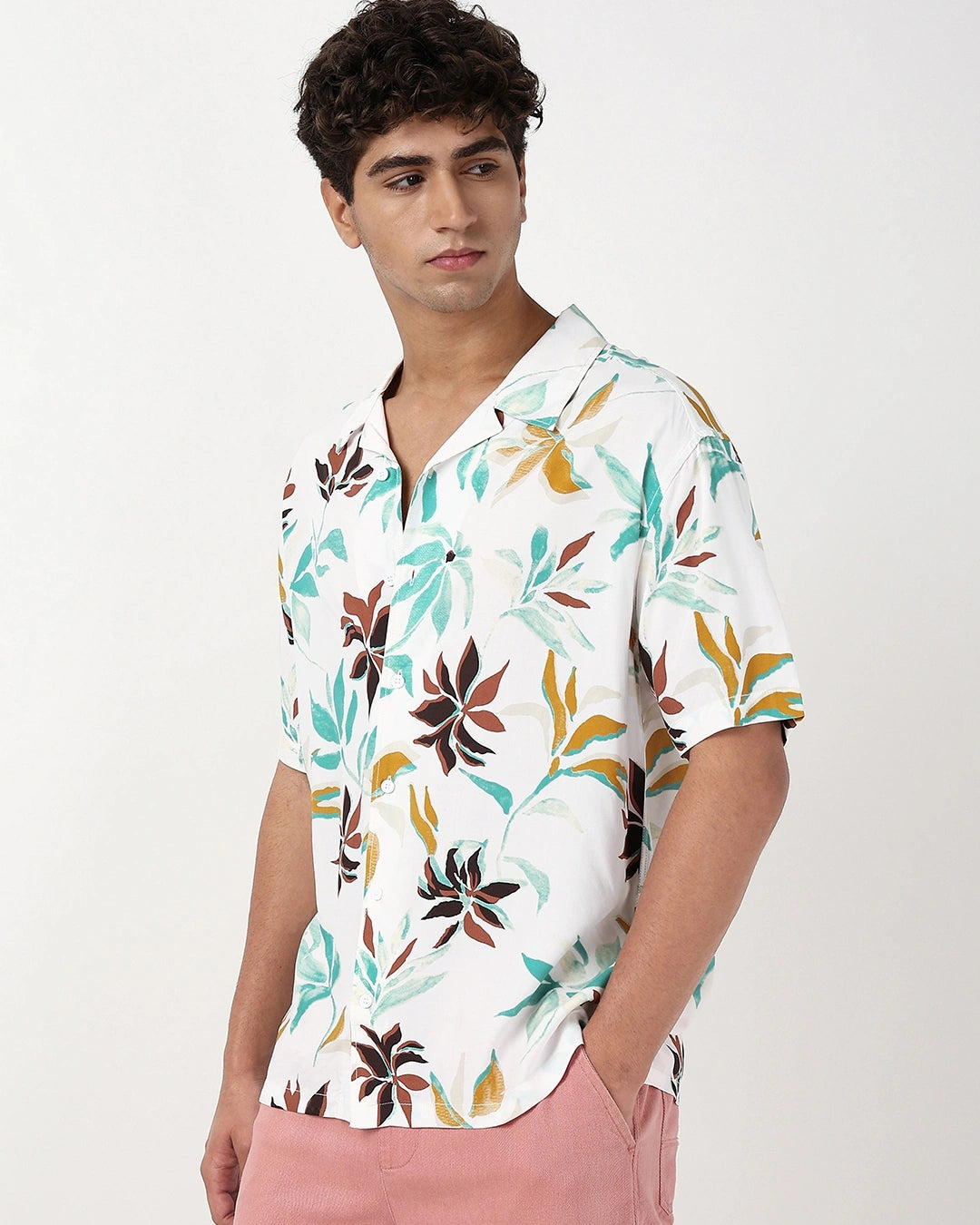 Comfortable White and Yellow Oversized Button Up Shirt for Men with Printed Design