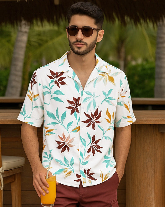 Comfortable White and Yellow Oversized Button Up Shirt for Men with Printed Design