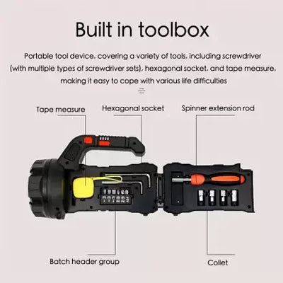 Multifunctional 5-in-1 LED Flashlight with Built-in Tool Box Kit USB Rechargeable Torch with Emergency SOS for Home and Vehicle